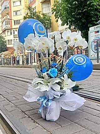 Balonlu Aranjmanlı 4 Dal Beyaz Orkide, Eskişehir çiçek