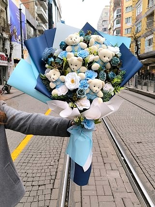 Mavi Gül Ayıcık Buketi