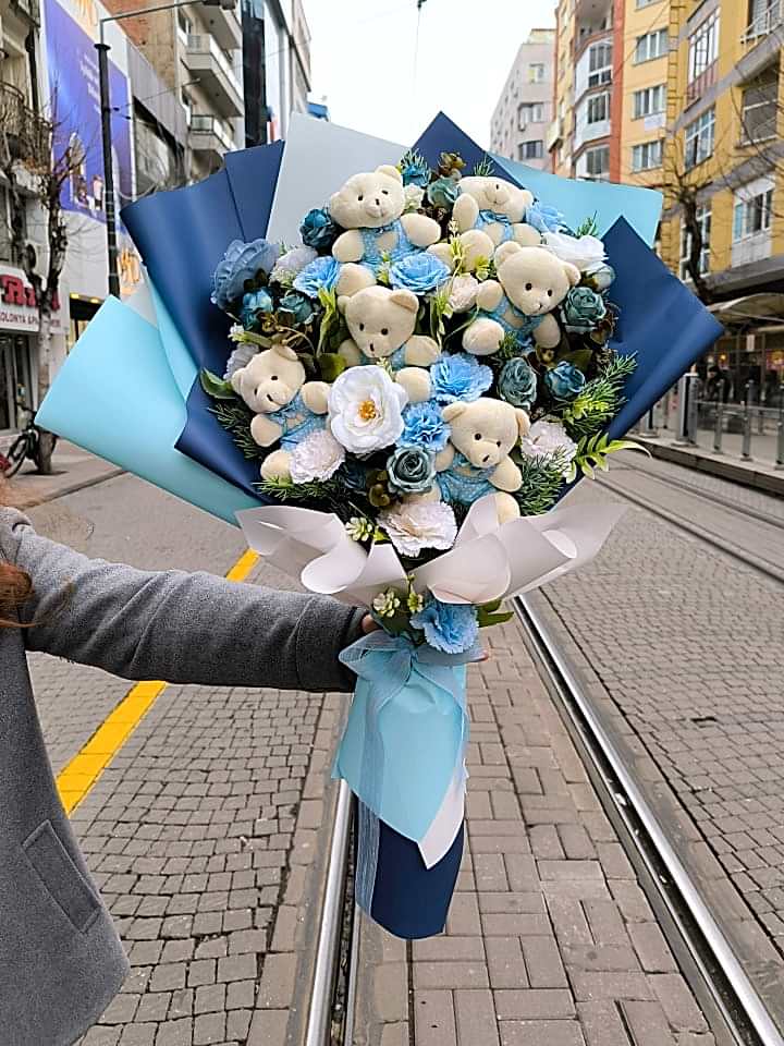 Mavi Gül Ayıcık Buketi